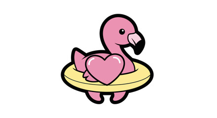Cute Pink Flamingo Mascot with Heart and Swim Ring Simple Summer Fun Design