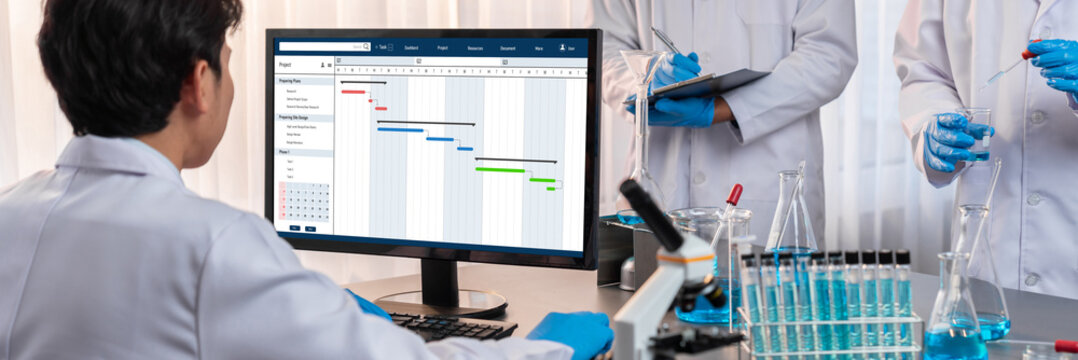 Project planning software for brisk business project management on the computer screen showing timeline chart of the team project