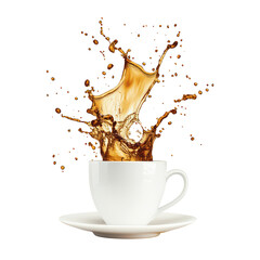 White coffee cup with splashing liquid isolated on transparent background
