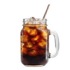 Refreshing iced coffee in a mason jar with straw isolated on transparent background