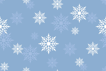 Snowflakes on a cute light blue background. Seamless winter holiday pattern. Graphic winter texture. Trendy print for gift wrapping, fabric, phone cases, and social media posts. Vector illustration.