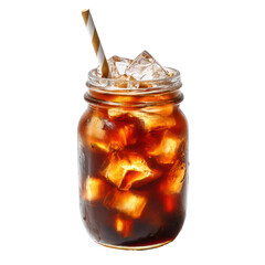 Refreshing iced coffee in a mason jar with straw isolated on transparent background