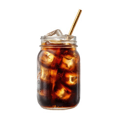 Refreshing iced cola drink in a mason jar with straw isolated on transparent background