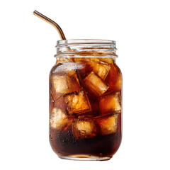 Refreshing iced coffee in a mason jar with a straw isolated on transparent background