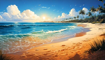 Idyllic tropical beach at sunrise with golden sand, blue ocean waves, and palm trees under a clear sky.