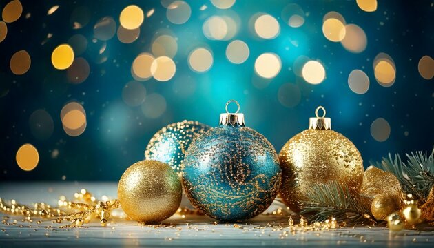 Festive gold and teal Christmas baubles with sparkling bokeh lights and glitter on a blurred background.