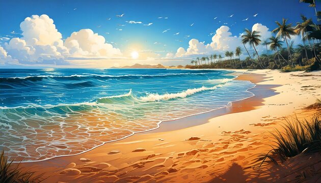Idyllic tropical beach at sunrise with golden sand, blue ocean waves, and palm trees under a clear sky.
