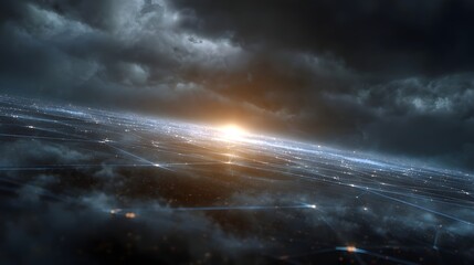 A glowing digital network spreads across a dark landscape under stormy clouds with bright light
