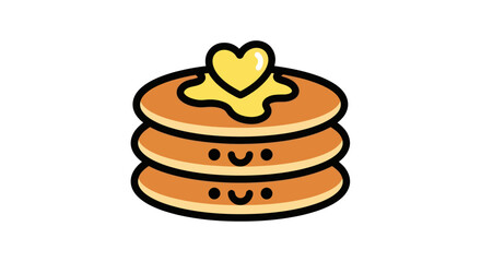 Cute cartoon pancake stack with happy faces, melting butter, and a sweet heart illustration