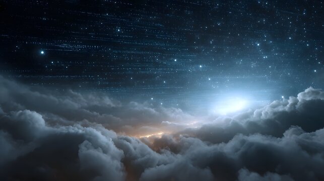 Dramatic view of stormy clouds under a starry night sky with futuristic streaks of light