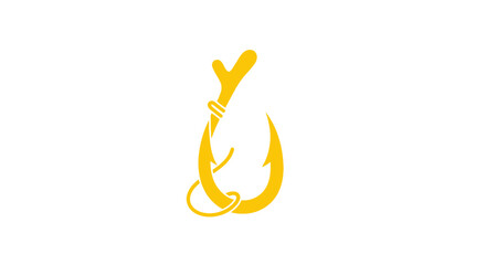 Minimalist yellow fishing hook icon intertwined with natural branch symbol design
