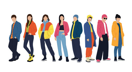 Fototapeta premium Group of diverse young adults standing together showcasing various stylish and colorful casual fashion outfits.