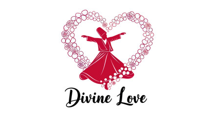 Spiritual Whirling Dervish Silhouette in Red with Rose Heart Symbolizing Divine Love and Passion