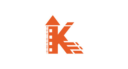 Dynamic orange K logo with building binary code and speed lines for digital tech solutions
