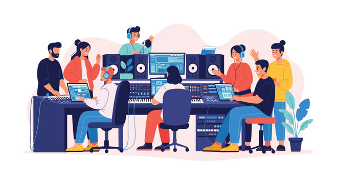 Diverse team of musicians and audio engineers collaborating in a professional music recording studio on sound production.
