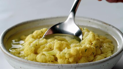 Turmeric cauliflower rice macro showing vivid yellow rice-like pieces with a light oil sheen and tiny herb flecks as a spoon gently scoops through, highlighting texture, color and clean plant-based