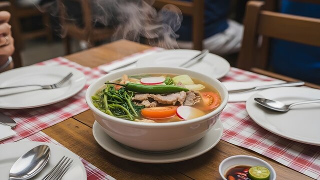 A steaming bowl of sinigang soup on a table with plates and silverware ready for a meal