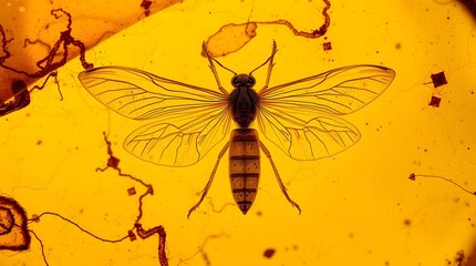 Fossilized insect encased in amber with visible wings and body details in a golden background