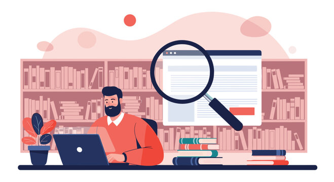 Man performing research and study on his laptop with a prominent magnifying glass icon over a library background. - Powered by Adobe