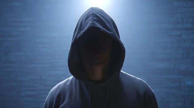 Anonymous hooded figure silhouetted against glowing digital code background