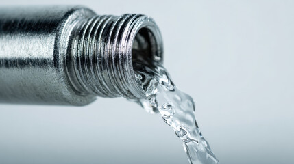 Flowing clear water pouring out from a shiny metallic pipe with spiral threading against a soft light background for plumbing and fluid dynamics concepts