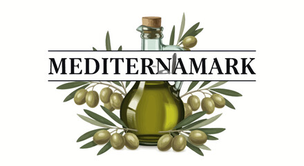Elegant Mediterranean Olive Oil Bottle and Fresh Olives Illustration with Brand Name