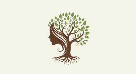 Elegant Woman Profile Merged with a Vibrant Green Tree Symbol of Nature Beauty and Organic Growth