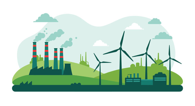 Contrasting landscape showcasing polluting factories alongside clean wind turbines representing industrial development and renewable energy.
