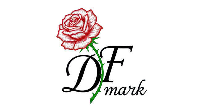 Elegant Red Rose with Intertwined Green Stem and Personalized Monogram DF Mark Logo Design on