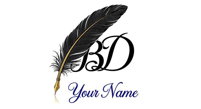 Elegant feather quill pen with stylish calligraphic initials and customizable text design template