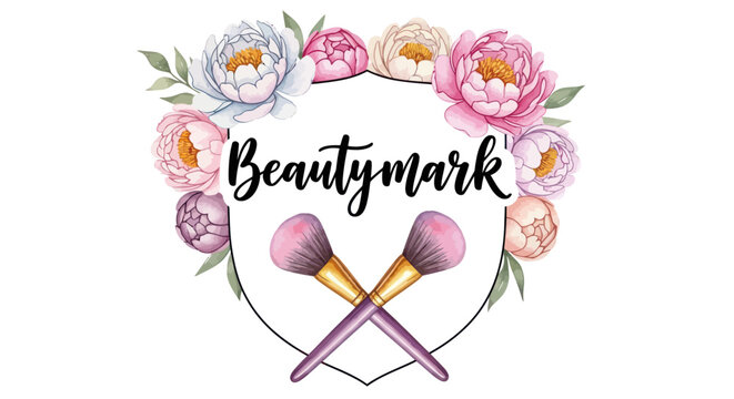 Elegant Watercolor Peony Wreath and Crossed Makeup Brushes for Beauty Brand Design