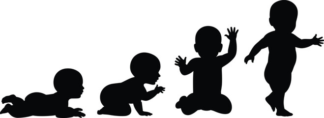 Baby silhouettes, child development stages, crawling, sitting, standing, walking, first steps sequence, growth, infants, toddlers, kids, parenting, vector, outline, outlines, illustration set