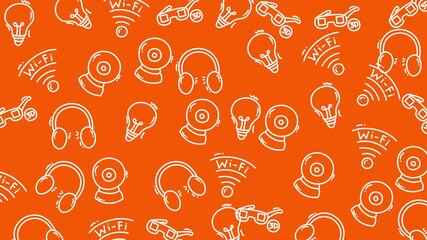 Ecommerce pattern with orange tech icons like webcam and headphones for modern shopping background designs. Suitable for online retail websites. - Powered by Adobe
