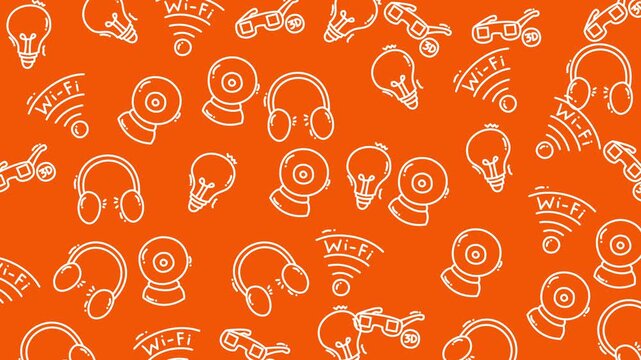 Ecommerce pattern with orange tech icons like webcam and headphones for modern shopping background designs. Suitable for online retail websites.