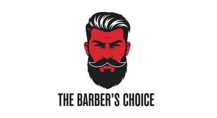 Stylish barber man logo illustration with bold red face and classic black beard and mustache design