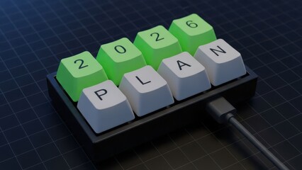 Conceptual 3d rendering of a custom keyboard macro pad spelling out 2026 plan with bright green keys representing the future year and white keys for the word plan