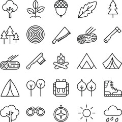 Camping and forest vector icons, trees, leaves, acorn, wood log, axe, saw, campfire, tent, backpack, boots, compass, nature outdoor adventure design pack