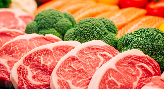 Fresh Meat, Fish, and Broccoli Display