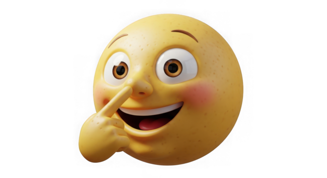 Emoji picking nose with finger, happy expression isolated on transparent background