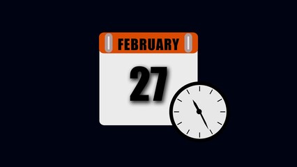 February 27th Calendar Page with Clock Showing Time on Dark Background twenty seven date