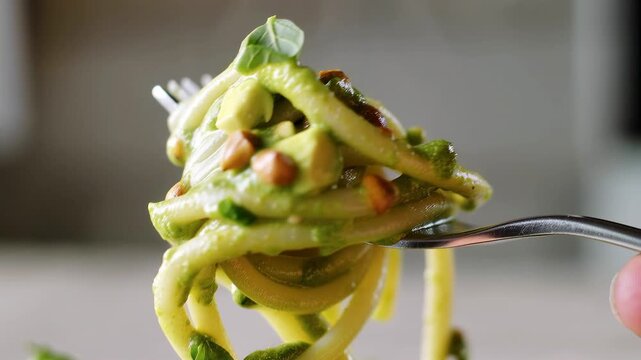 Pesto pasta close-up in extreme macro as a fork twirls a glossy bundle coated in bright green vegan pesto and avocado, with tiny nut and herb pieces clinging to each curve, creating a fresh vibrant fo