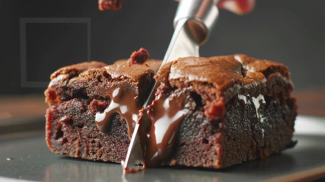 Vegan brownie close-up in extreme macro as a knife cuts slowly to reveal a moist fudgy center, glossy melted chocolate pockets, and tiny crumbs falling in slow motion under warm studio light