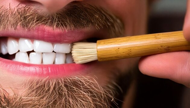 Miswak Brushing Teeth Close-Up &ndash; Organic Oral Care Using a Siwak Stick