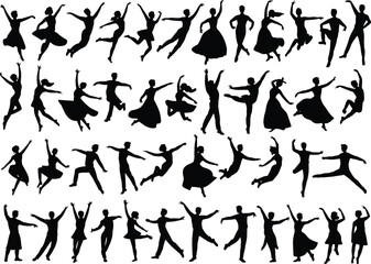 Dance silhouettes, party celebration, ballroom couple motion, jumping festival crowd, lifestyle vector poses, modern, wedding, music, performing arts stock graphic isolated on white.