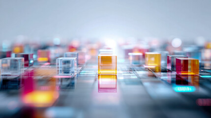 Abstract colorful translucent cubes arranged in a grid pattern on a reflective surface creating a futuristic digital or technological visual effect with depth of field bl