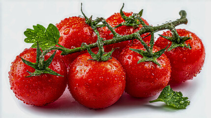 Vibrant red tomatoes on the vine covered in fresh water droplets with green leaves against a clean white background for healthy food concepts