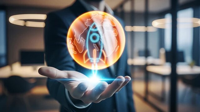 Businessman holding holographic rocket globe startup launch concept in modern office environment. - Powered by Adobe