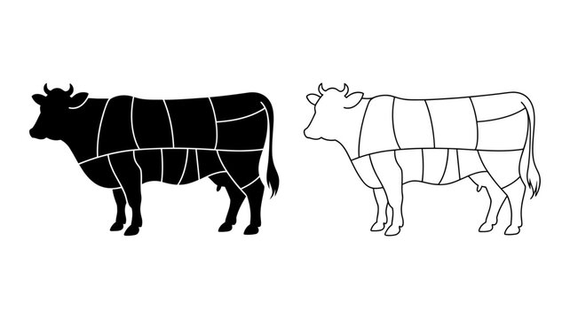 Diagram illustrating beef cuts on a cow silhouette and outline, showing primal and secondary meat sections for butcher and culinary use.