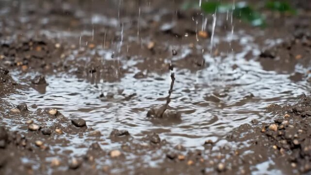 Macro view of heavy raindrops falling and creating splashes on saturated brown soil and small pebbles, reflecting light.
