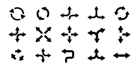 A collection of fifteen different black arrow icons on a white background view